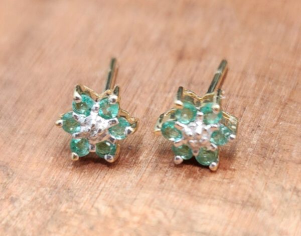 Emerald, diamond, and 14K yellow gold dainty flower stud earrings
