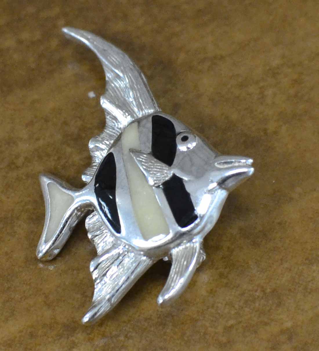 Black and white tropical fish enamel and sterling silver pin