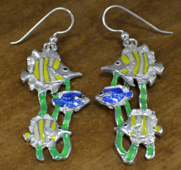 Tropical fish and seaweed enamel dangle earrings