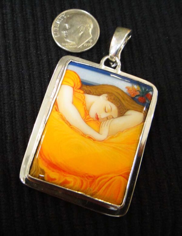hand painted 'Flaming June' onyx and sterling silver pendant with dime for scale
