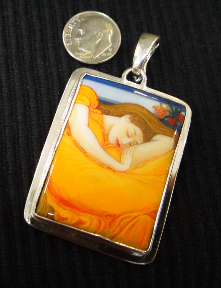 hand painted 'Flaming June' onyx and sterling silver pendant with dime for scale