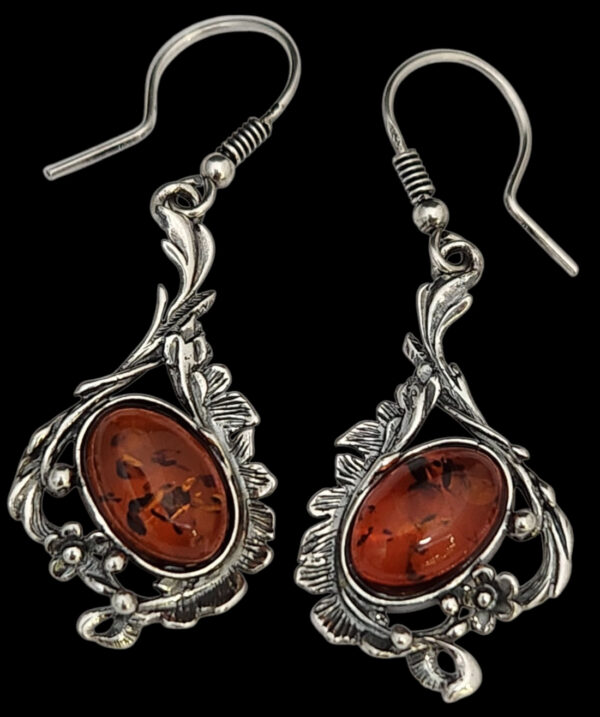 Sterling Silver and Baltic amber drop earrings with flower and leaf design
