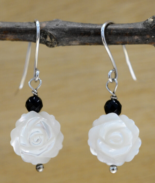 carved flower mother of pearl and black onyx beaded earrings