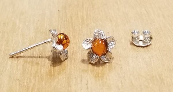 Baltic amber and sterling silver handmade flower post earrings