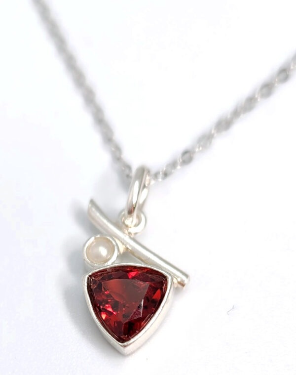 Garnet gemstone with tiny fresh water pearl accent pendant on 18 inch sterling silver necklace