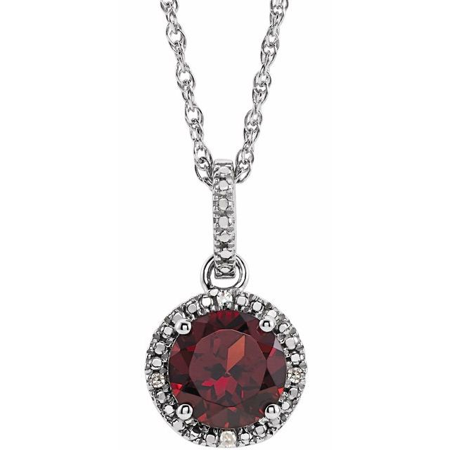 garnet, diamond and sterling silver pendant on 18 inch chain