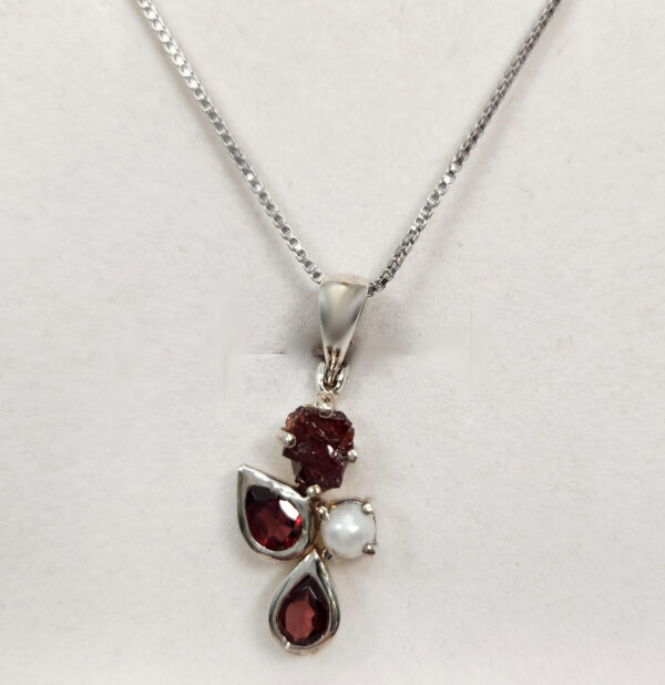 rough and faceted garnet, fresh water pearl and sterling silver pendant on 18 inch sterling silver box chain