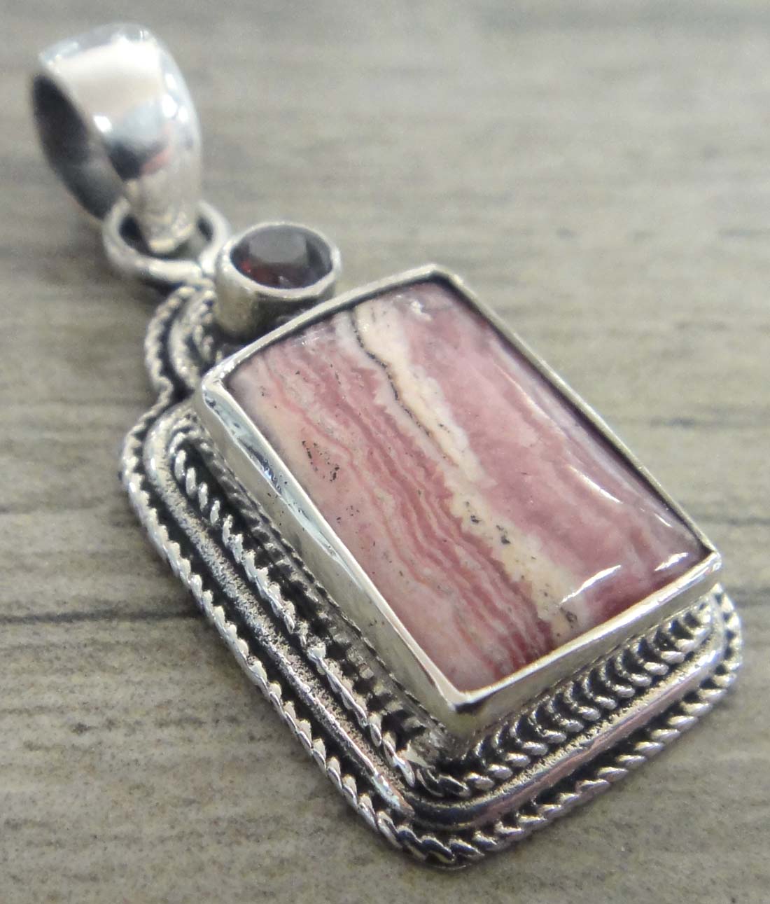 pink rhodochrosite with garnet accent sterling silver pendant