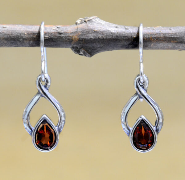 handmade red garnet and sterling silver twist drop earrings