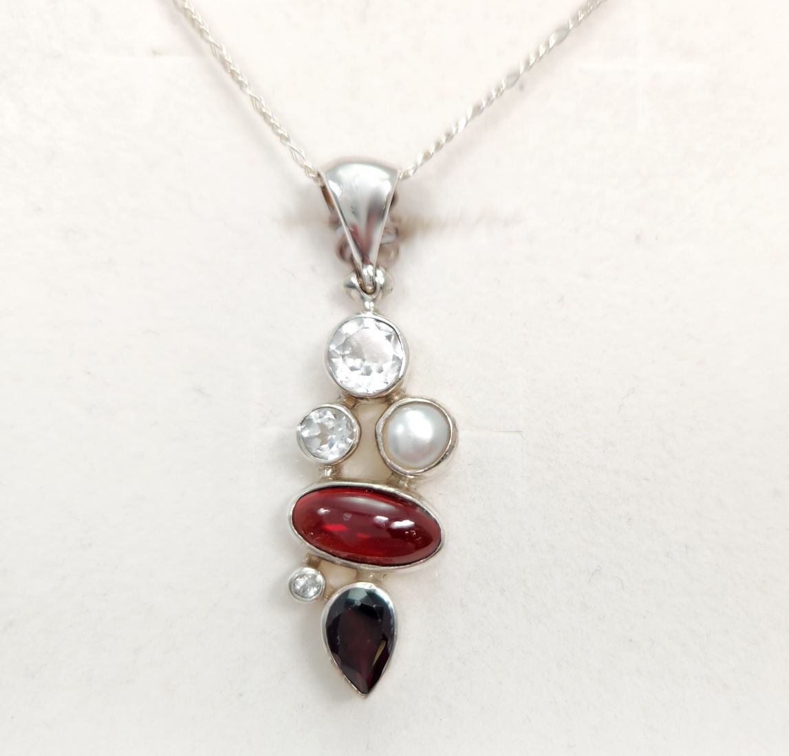 garnet, white topaz, and fresh water pearl sterling silver necklace