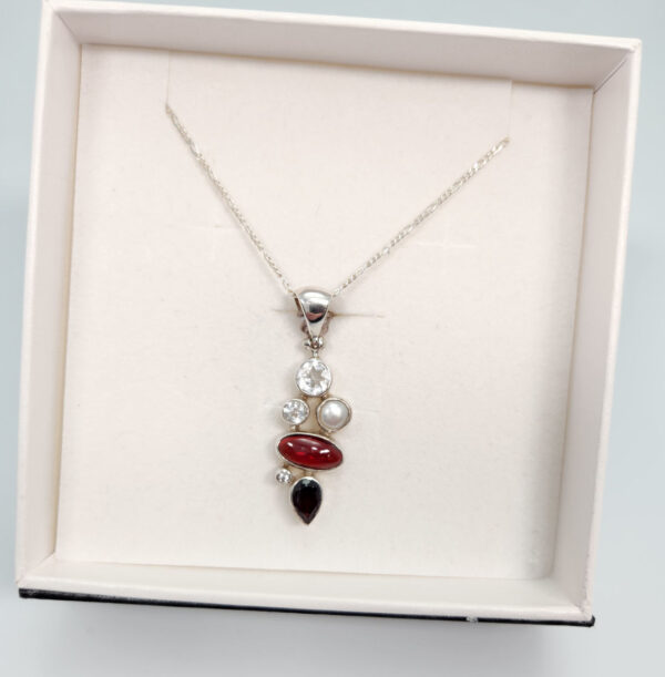 garnet, white topaz, and fresh water pearl sterling silver necklace in gift box