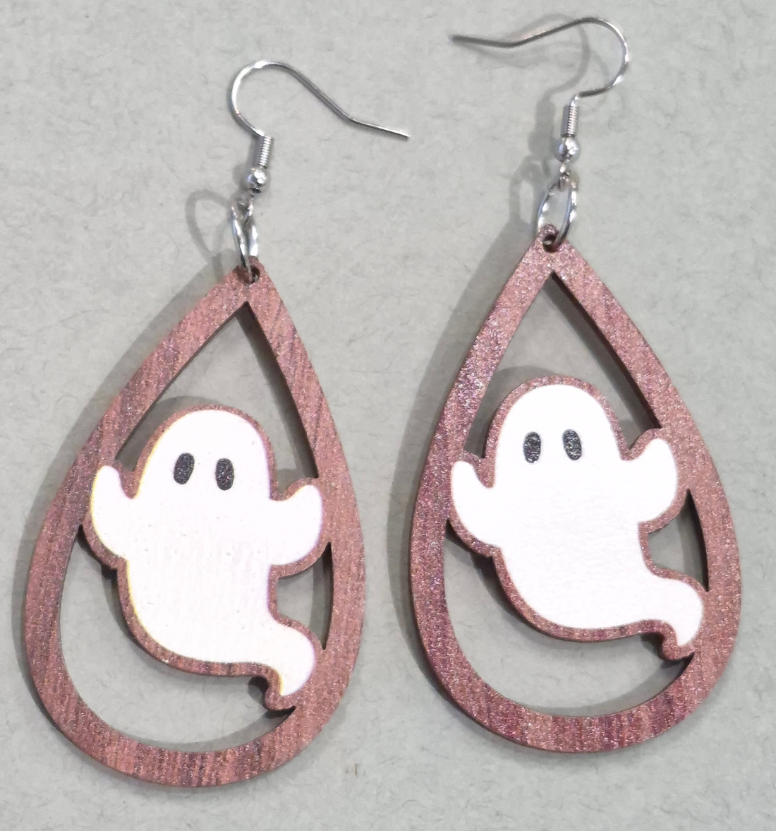 wooden drop ghost earrings with hypo-allergenic stainless steel ear-wires