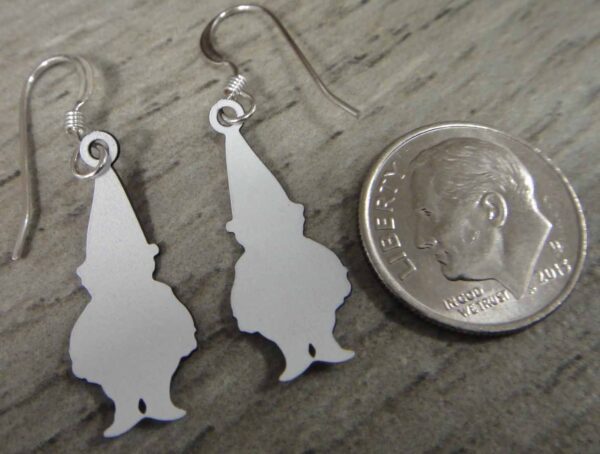 backside of gnome earrings with dime for size comparison