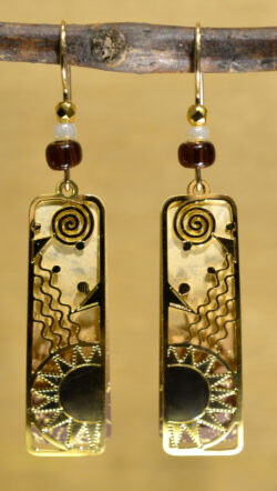 brown and goldtone sun design column earrings