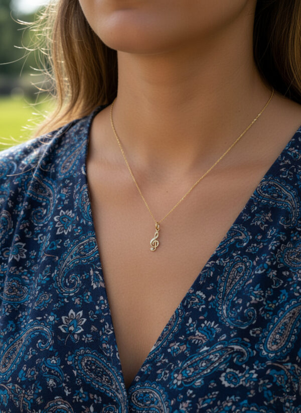 treble clef necklace on model