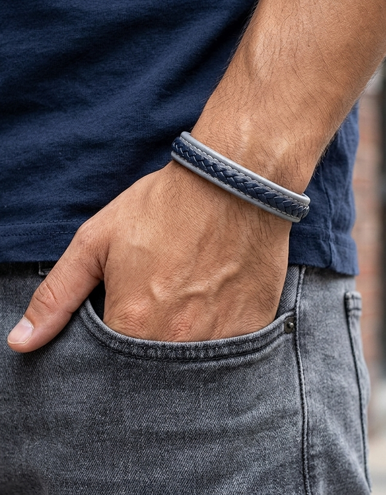 gray and blue leather bracelet on model