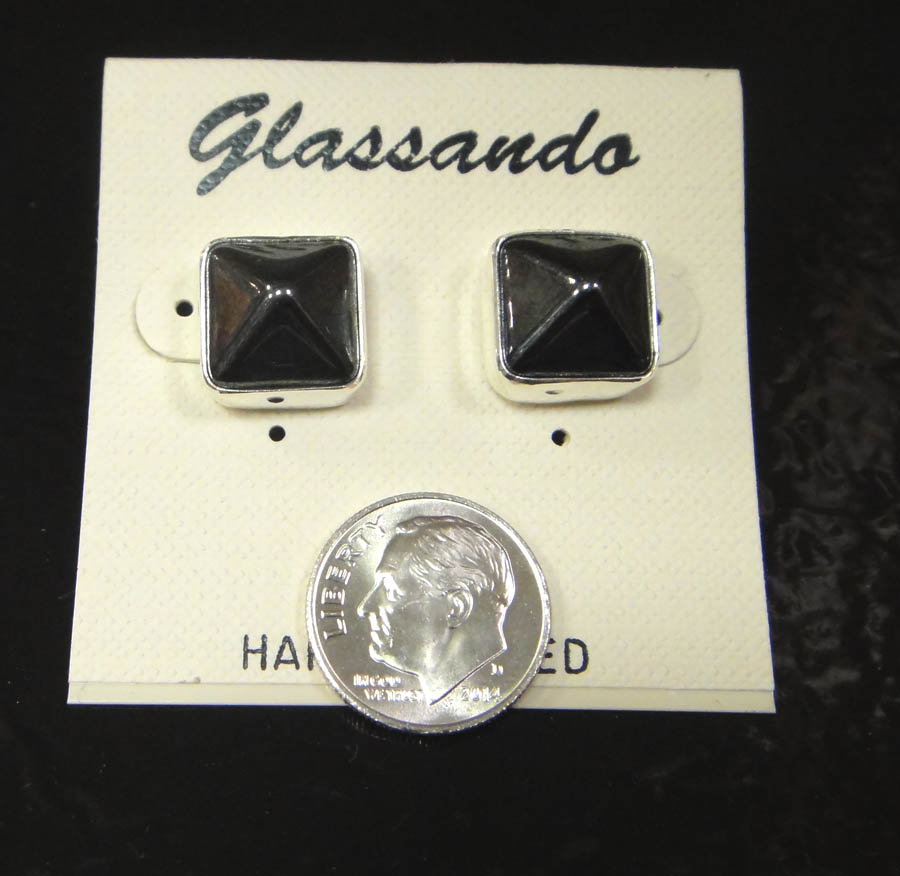 3D gray czech glass pyramid stud earrings with dime for size