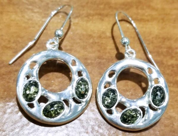 Baltic green amber and sterling silver hoop earrings