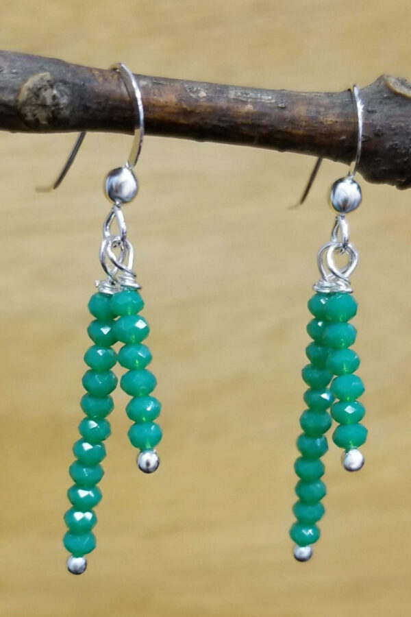 green faceted tiny art glass and sterling silver handmade dangle earrings