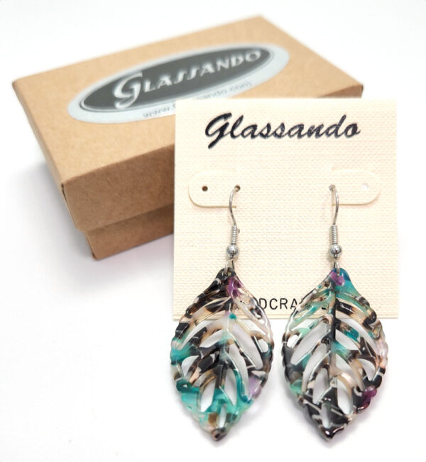 Green and black resin leaf earrings with stainless steel earwires