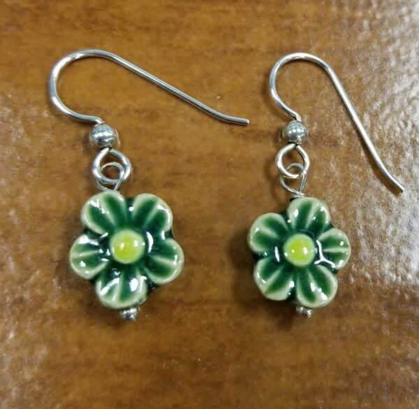green ceramic daisy and sterling silver earrings