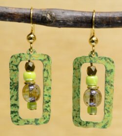 beaded green rectangles with goldtone accents earrings