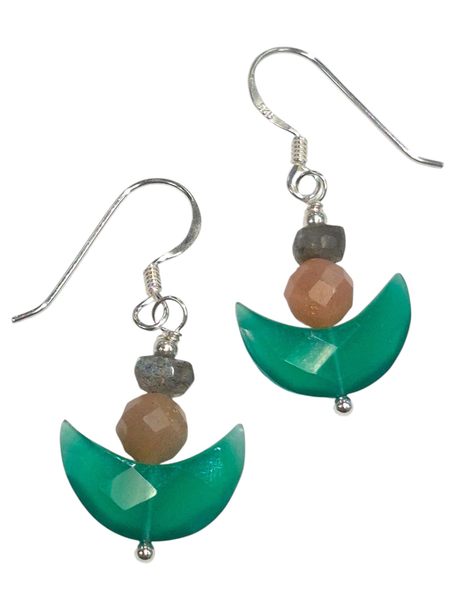 green onyx earrings with labradorite and sunstone accents