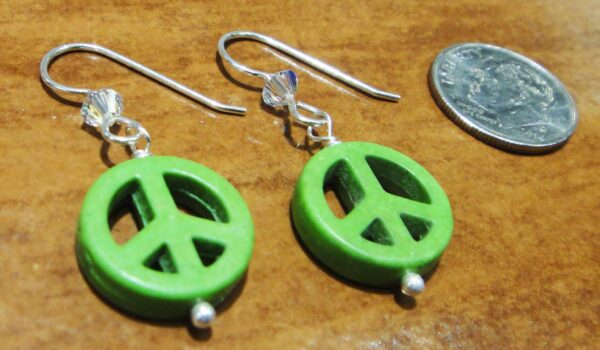 handmade green peace sign and sterling silver earrings with dime for size