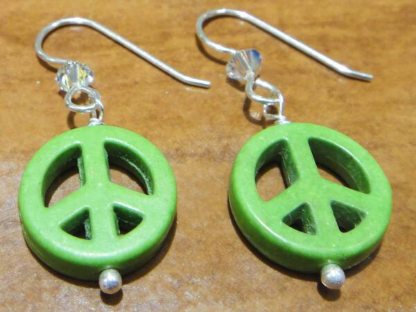 handmade green peace sign, swarovski crystal, and sterling silver earrings