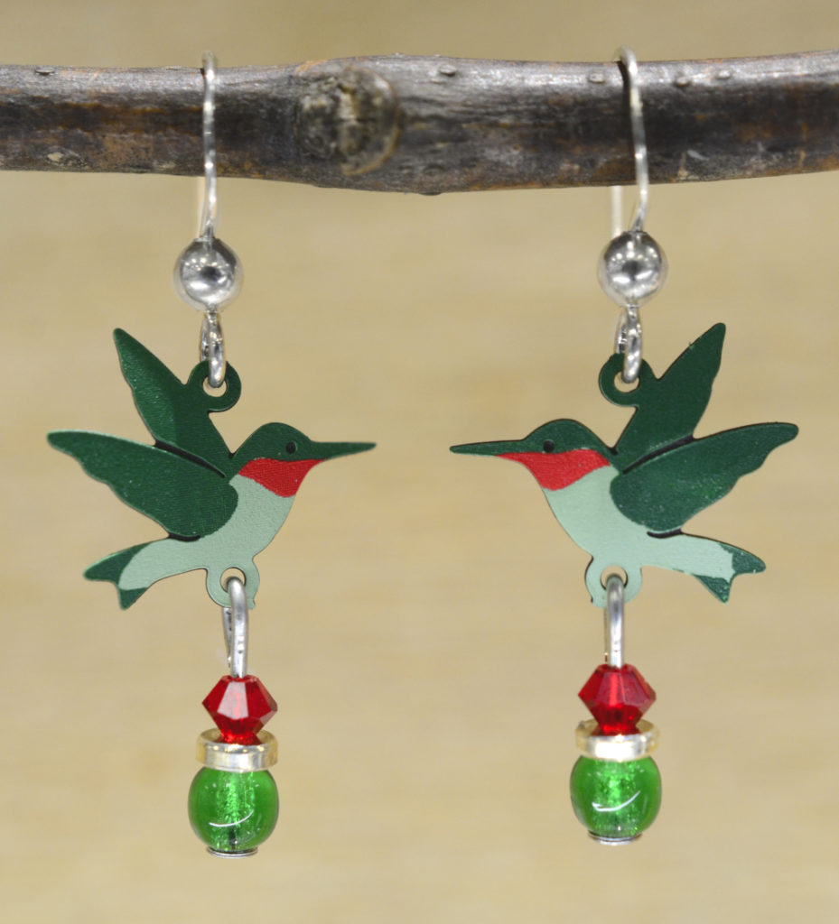 Ruby Throated Hummingbird Earrings with beaded drop by Sienna Sky for