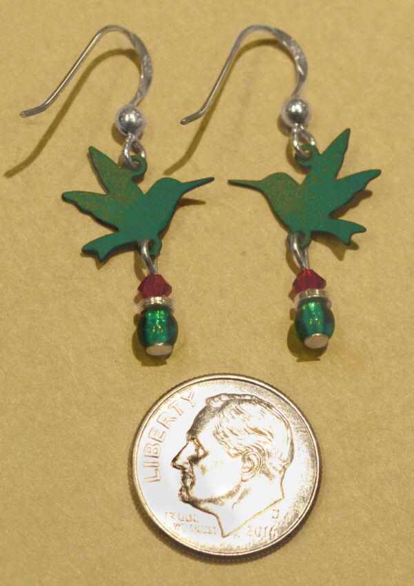 back of Sienna Sky green and red hummingbird earrings with dime