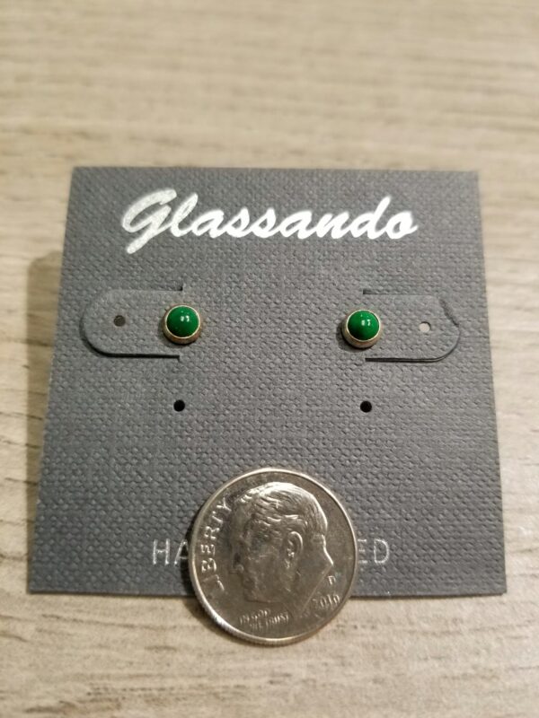 green enamel and sterling silver small stud earrings with dime for scale