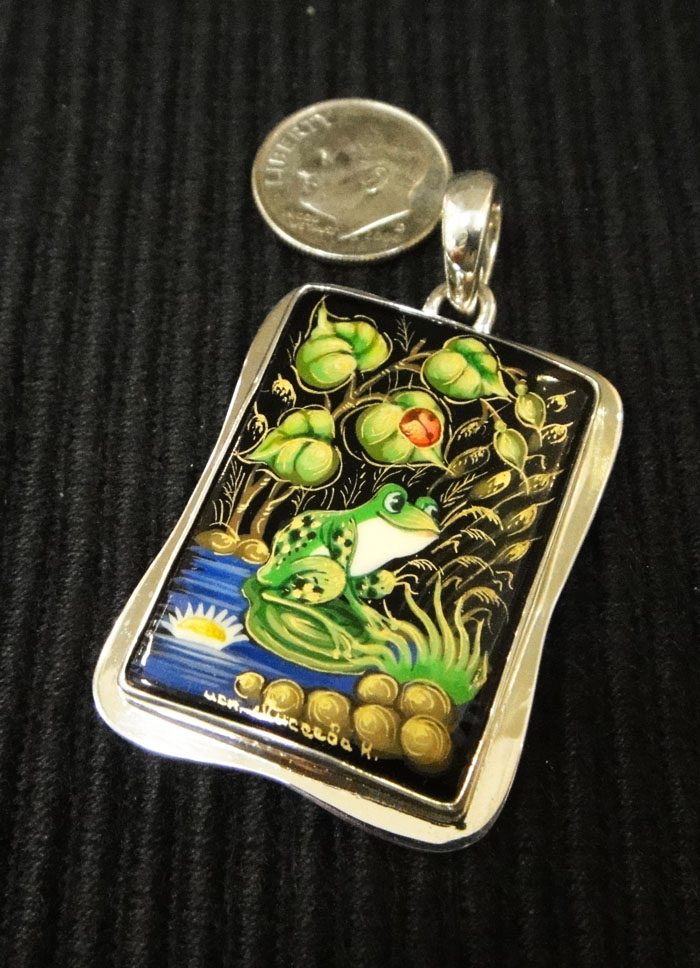 hand painted frog and ladybug design on black onyx and sterling silver pendant made in Russia with dime for size
