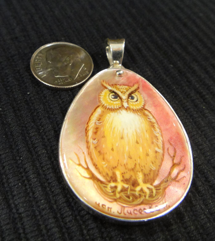 hand painted mother of pearl owl and silver pendant with dime for scale