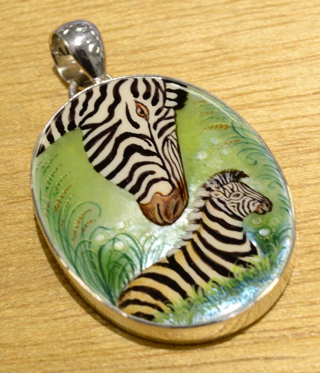 hand painted zebra mother and colt pendant