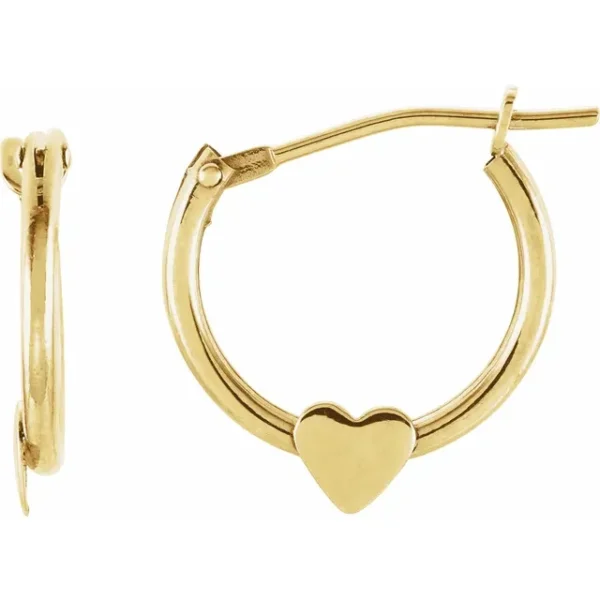 14k gold tiny hoops with heart detail