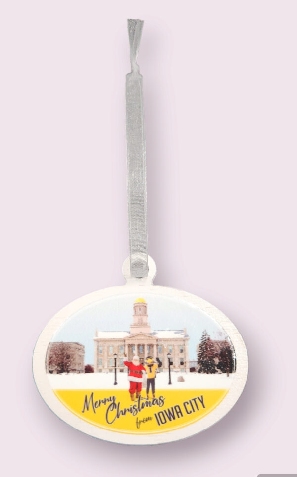 Herky and Santa with the Old Capitol officially licensed Christmas ornament