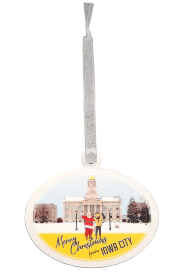 Herky and Santa with the Old Capitol officially licensed Christmas ornament