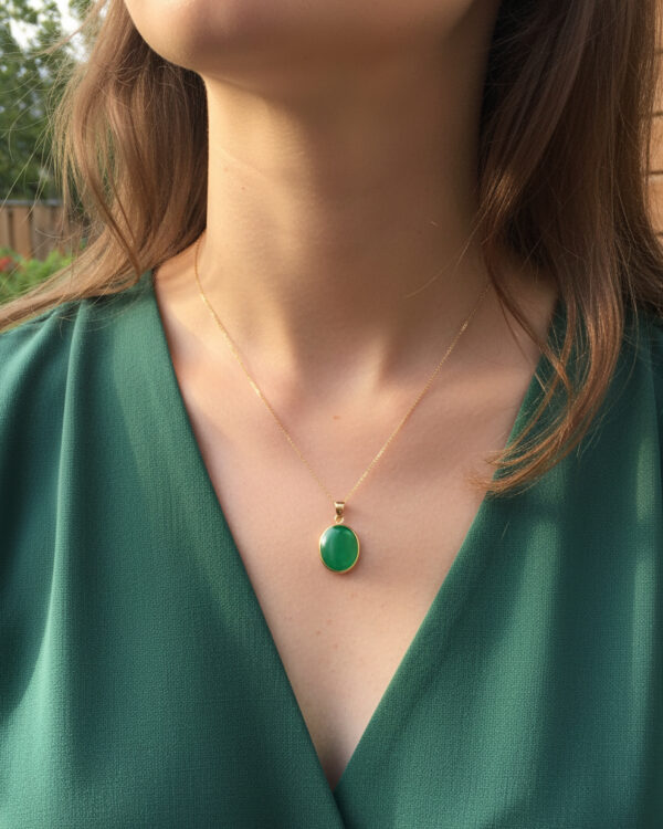 green jade necklace on model
