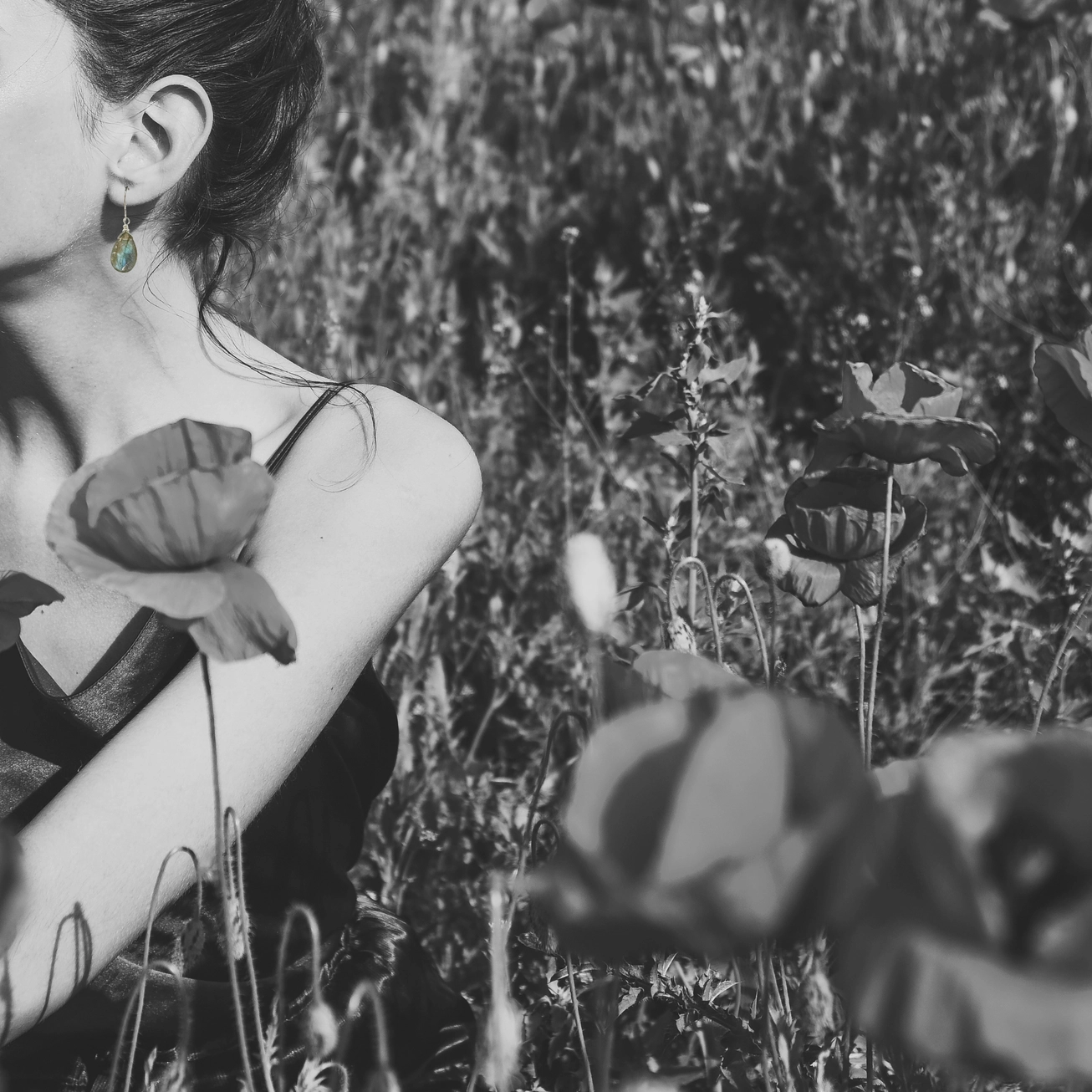 labradorite drop earrings on model