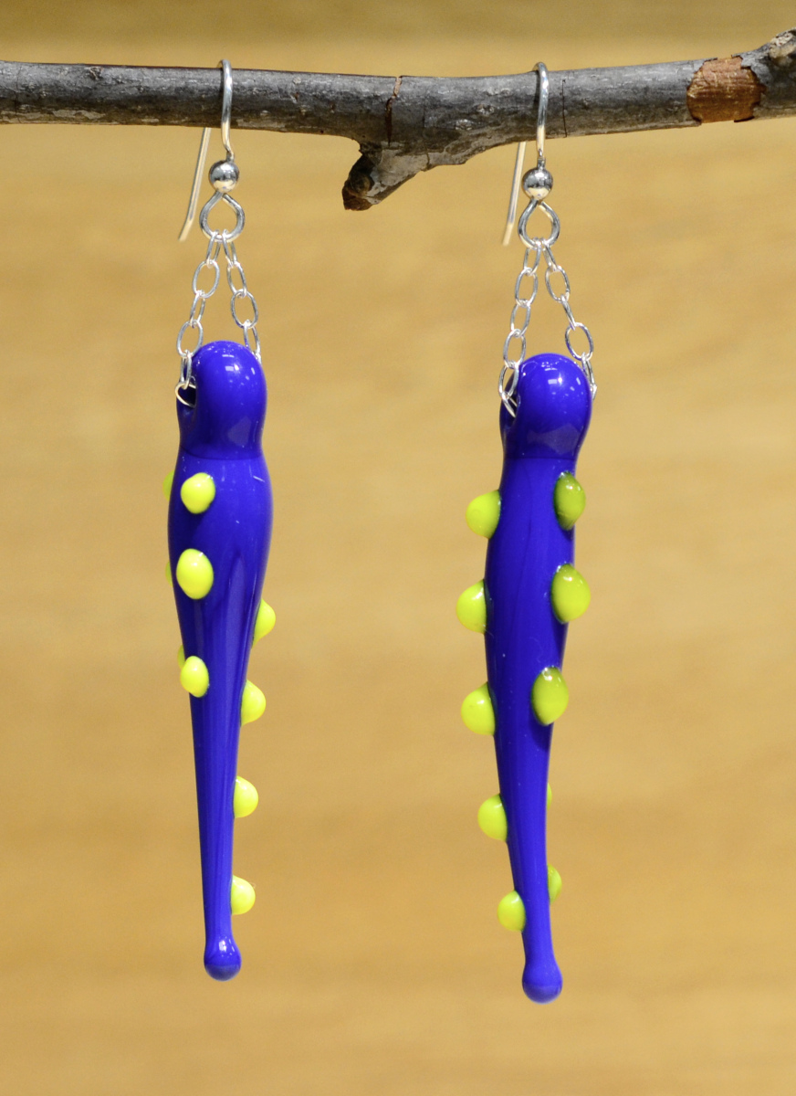 handmade lampwork glass long blue earrings