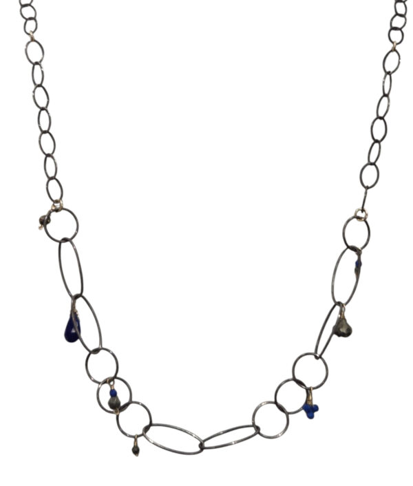 pyrite and lapis lazuli oxidized silver and 14K gold-fill necklace