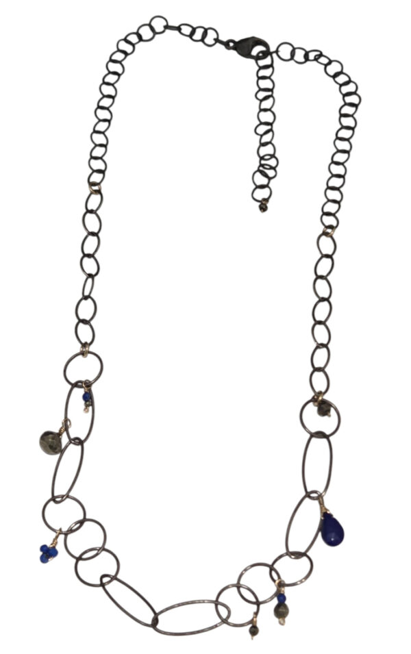 pyrite and lapis lazuli oxidized silver and 14K gold-fill necklace