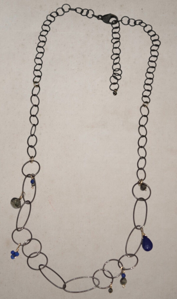 pyrite and lapis lazuli oxidized silver and 14K gold-fill necklace