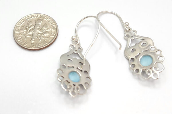 backside of larimar and sterling silver earrings with dime for size comparison