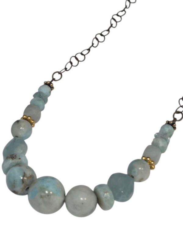 larimar and aquamarine oxidized silver necklace with 14K gold-fill accents