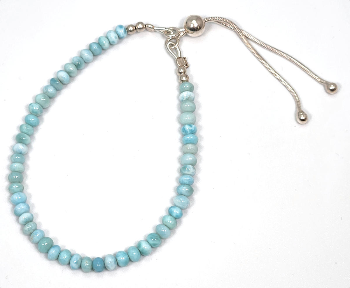 larimar and sterling silver handmade beaded bracelet with sterling silver slider clasp