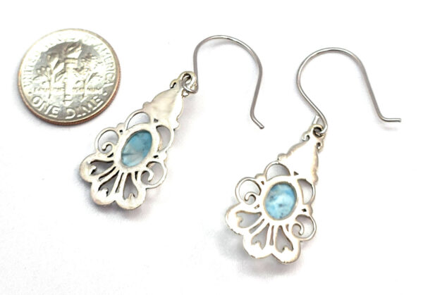 back of larimar earrings with dime to help show scale