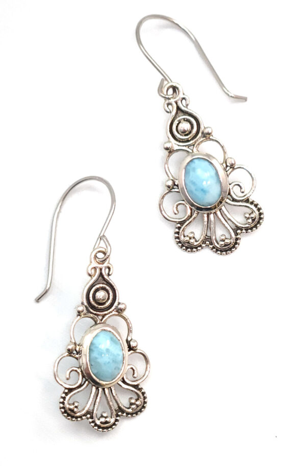 Light blue larimar gemstone sterling silver filigree earrings