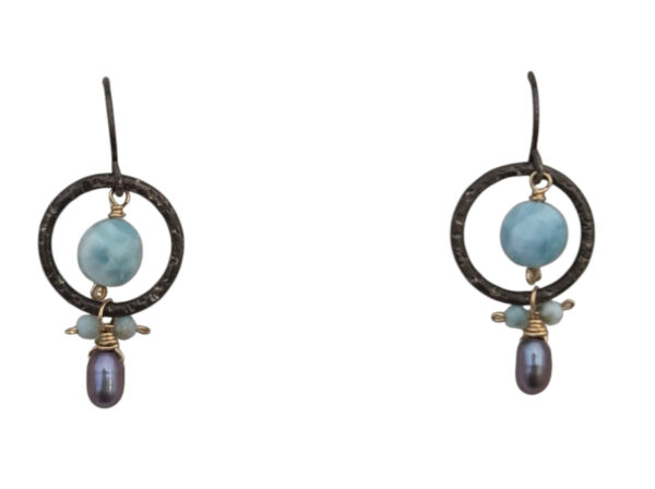 larimar, gray pearl, and oxidized sterling silver earrings with 14k gold-fill accents